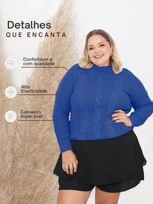 Women's Plus Size Blouse High Neck Knit Winter Cold Elegant Modern - 寶藍色 - 查看 2