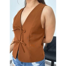 Chaleco Corsetero con Lazos Cuello V de Moda para Mujer Dama Sexy, Chaleco Lazos Cuello V Casual Formal - Óxido marrón - Ver 2