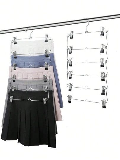 1pc 4/6-Tier Metal Skirt Pants Clips Pants Rack,Super Hanger 4/6-Tier Skirt Pants Shorts Hangers With Adjustable Clips Space Saving No Slip 12 Clips Clothing Storage Metal Skirt Rack Clothes Hangers,Multi-Function Storage Hanger