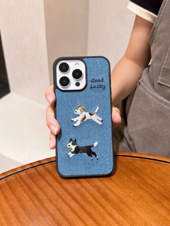 Dog 1pc Elegant Unique Embroidered Cartoon Puppy English Anti-Drop Phone Case Compatible With IPhone 11/11pro/11promax/12/12pro/12promax/13/13pro/13promax/14/14pro/14promax/15/15pro/15promax/16/16pro/16promax, Oppo, Boyfriend/Girlfriend Gift