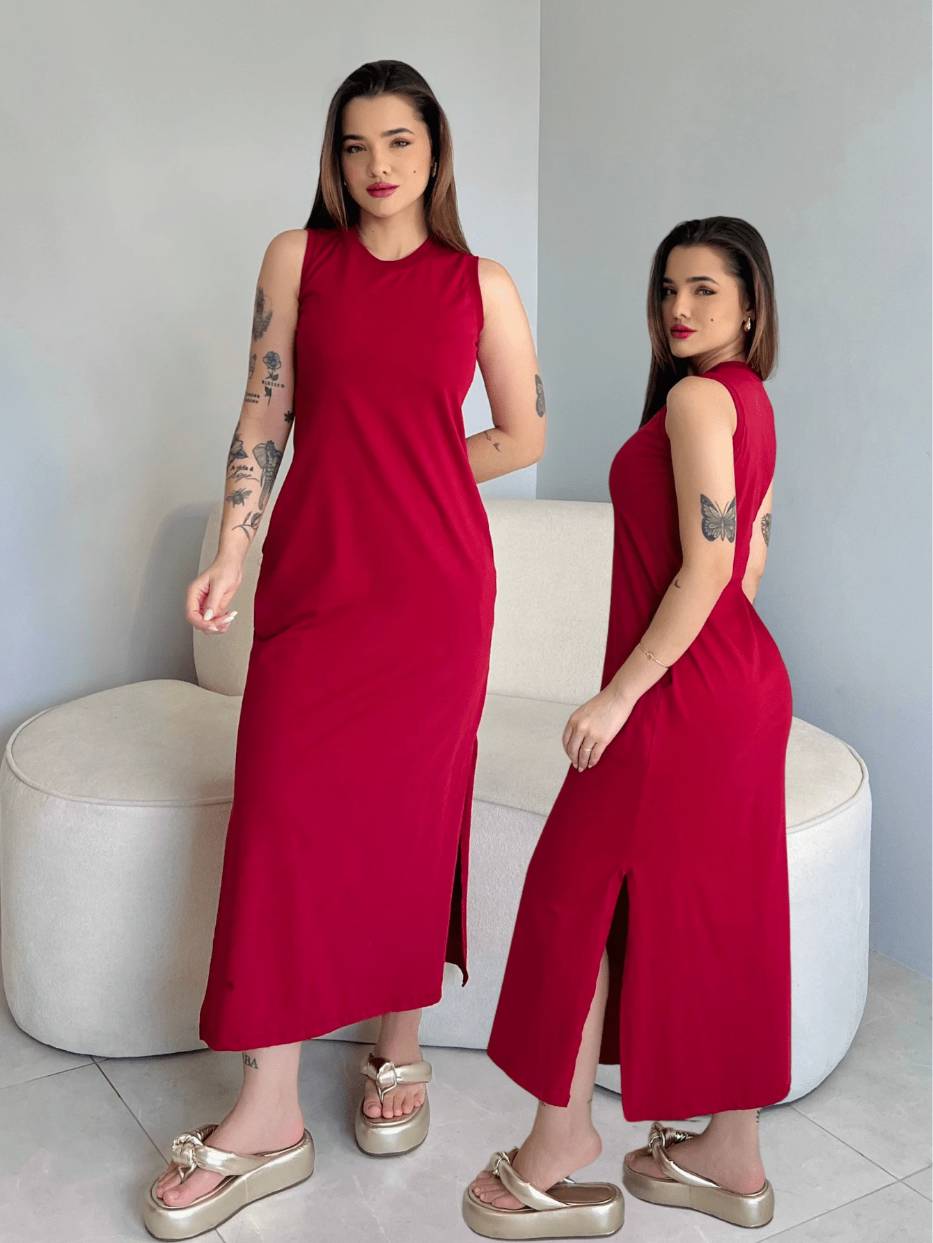 Basic Long Dress Casual Elegant Side Opening Pocket 100% Premium Cotton - Đỏ - Xem 1