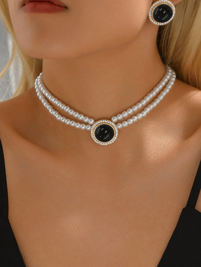 2pcs/Set Faux Pearl Necklace & Earrings Jewelry Set, Elegant & Fashionable Accessories For Women, Party & Holiday