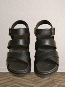 女士交叉厚底踝带凉鞋，优雅夏季黑色坡跟凉鞋 - 黑色 - 查看 2