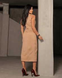 Women's Midi Dress Elegant Casual Buttons Front Simple Button - Khaki - View 4