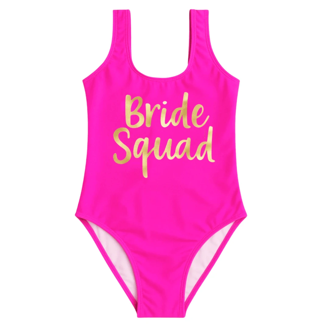 Traje de baño corte clásico para amigas de la novia para despedidas de soltera, en color rosa, una prenda perfecta una sesión de fotos junto a la novia en un viaje divertido a la playa. Letras Color combinado Dulce Sexy Espalda al aire Despedida de soltera Verano - Rosa Fucsia - Ver 1