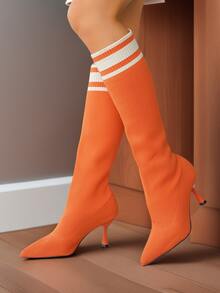 Sexy European Style Black Pointed Toe Elastic Boots, Brown Over-The-Knee Slim Leg Stiletto High Heels, Sexy Plus Size Shoes, Orange Elegant Fashion Women Shoes