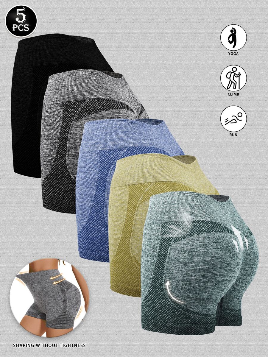 5-Pack Women'S High Waist Yoga Shorts - Breathable, Elastic, Tummy Control, Butt Lifting, Nylon And Spandex Blend, Hand Washable - Multiple Colors Shorts For Women-Gym Shorts - Nhiều màu - Xem 1