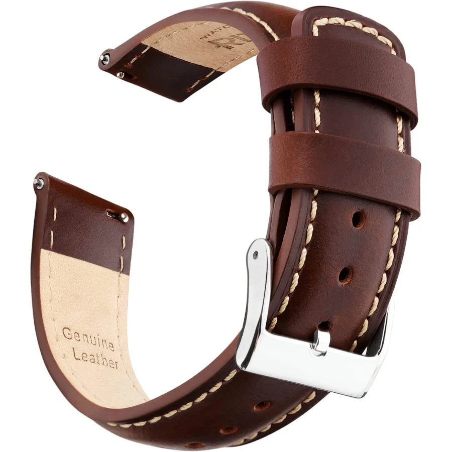 Local Delivery- Christmas Gift Quick Release Leather Watch Bands Genuine Watch Straps For Men Women Top Grain Leather Watch Strap, White Elephant Gifts, Stocking Stuffers For Men, Father's Day Gifts - Dark Coffee & Khaki & Silver - 查看 1