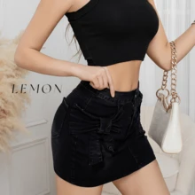 Minifalda de estilo único y moderno  Liso    Bohemio  Casual  Sexy  Dulce    Mezclilla    Lazo grande    Jean  Playa  Vacaciones  Casa  Jardín  Despedida de soltera - Negro - Ver 2