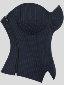 女士优雅藏蓝色细条纹束身胸衣，带条纹模压罩杯，无肩带贴身塑形上衣，哥特维多利亚风格塑身衣，时尚束身胸衣，适合日常和特殊场合穿着 - 藏蓝色 - 查看 3