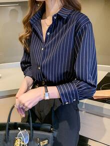 blusa holgada de manga larga a rayas, diseño elegante para la oficina y el transporte, favorecedora y versátil - Azul Marino - Ver 2