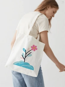 1pc Plant Flower Simple Fashion Canvas Print Handbag Shoulder Bag Tote Bag, Portable Storage Bag, Gift Packaging Bag, Laundry Bag, School Use, Home Decoration, Book Notebook Storage Bag, Snack Bag, Gift Storage Bag, Daily Necessities Storage Bag, Travel Storage Bag, Birthday Gift, Teacher Gift, Back To School Gift, Graduation Gift, Thanksgiving Gift, Christmas Gift, New Year Gift, Gift Essential, Washable And Reusable