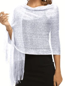 1 件白色闪亮金属披肩，优雅薄透气流苏围巾，女士派对宴会礼服外披肩 - 白色 - 查看 2
