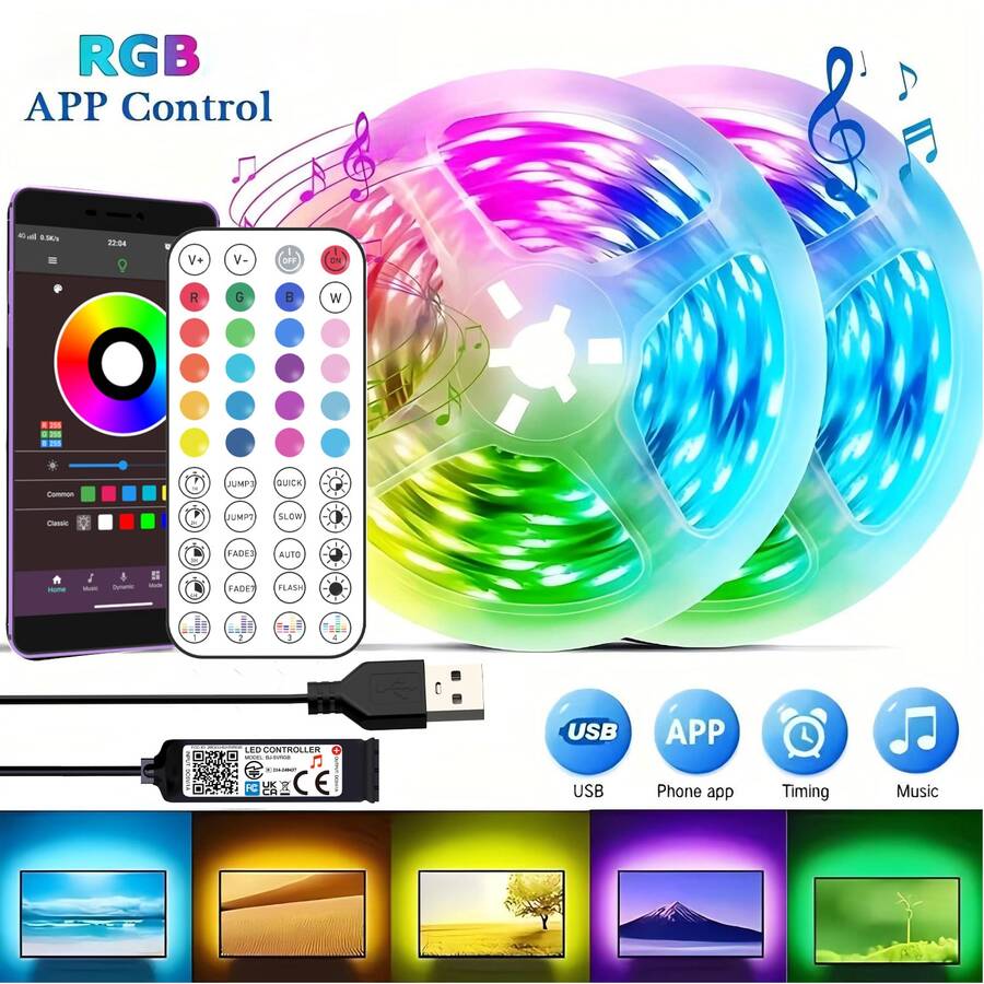 HBOWMDJIA 3ft-100ft Smart RGB LED Strip Lights With Remote Control And App Control, Music Sync, Timer, Multiple Colors, Easy To Install, LED Lights For Bedroom Living Room Decor, Game Room Decor, TV Background, Bar Decor, Ceiling Lighting, New Year Party Decor - 彩色 - 查看 1