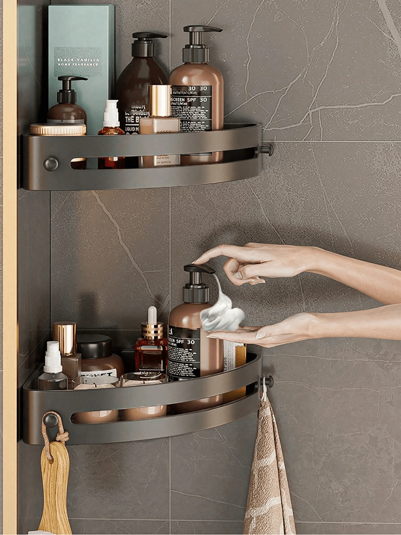 3 件转角淋浴架，PP 材质浴室储物架，室内淋浴架，淋浴壁挂式洗发水架，厨房和浴室储物盒，节省空间的三角转角架 - 壁挂式浴室洗发水、沐浴露和化妆品收纳盒 - 易于安装，防滑设计，浴室配件 - 黑色 - 查看 1