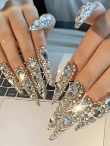 nailrosy 10pcs Handmade Press On Nail Stiletto Almond Extra Long Sliver Nail Gems DIY Rhinestone False Nail Fake Nail Tip Nail Stickers  Y2K Gift Box Included Nail Jelly Gel For Women Birthday Party Wedding Nail Decor Nail Supplies Gold - Bạc - Xem 1