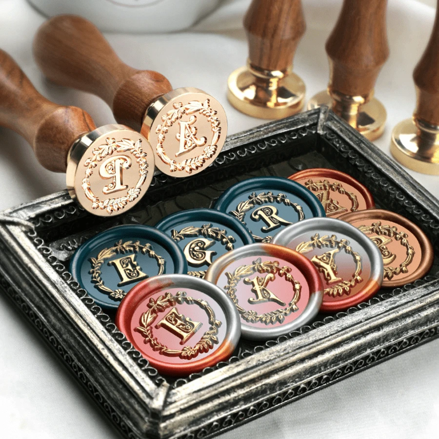 26pcs Floral Wreath & Letter Wooden Handle Stamp Set