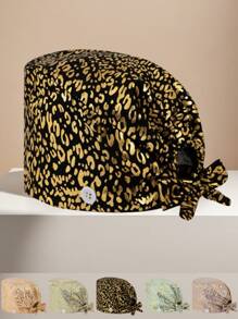 1 pieza Gorra de trabajo de mujer de algodón con estampado de leopardo con aplicación de lámina, antimicrobiana y antipolvo, adecuada para enfermeras, esteticistas, limpieza y trabajadores de saneamiento en instituciones médicas