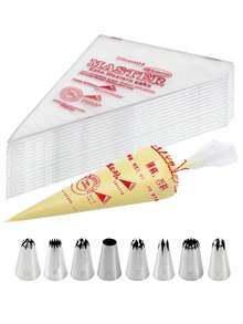 100PCS Clear Cream Bags With 8 Pieces Stainless Steel Piping Nozzles Set(6 Teeth, 8 Teeth, 15 Teeth), Disposable Pastry Bags, Cake Decorating Bags, Suitable For Homemade Cake, Macaron, Cookie,Icing Piping Bags For Cake Pastry Cupcake Decoration And Pastry Decoration,Cream, Mother's Day Gift