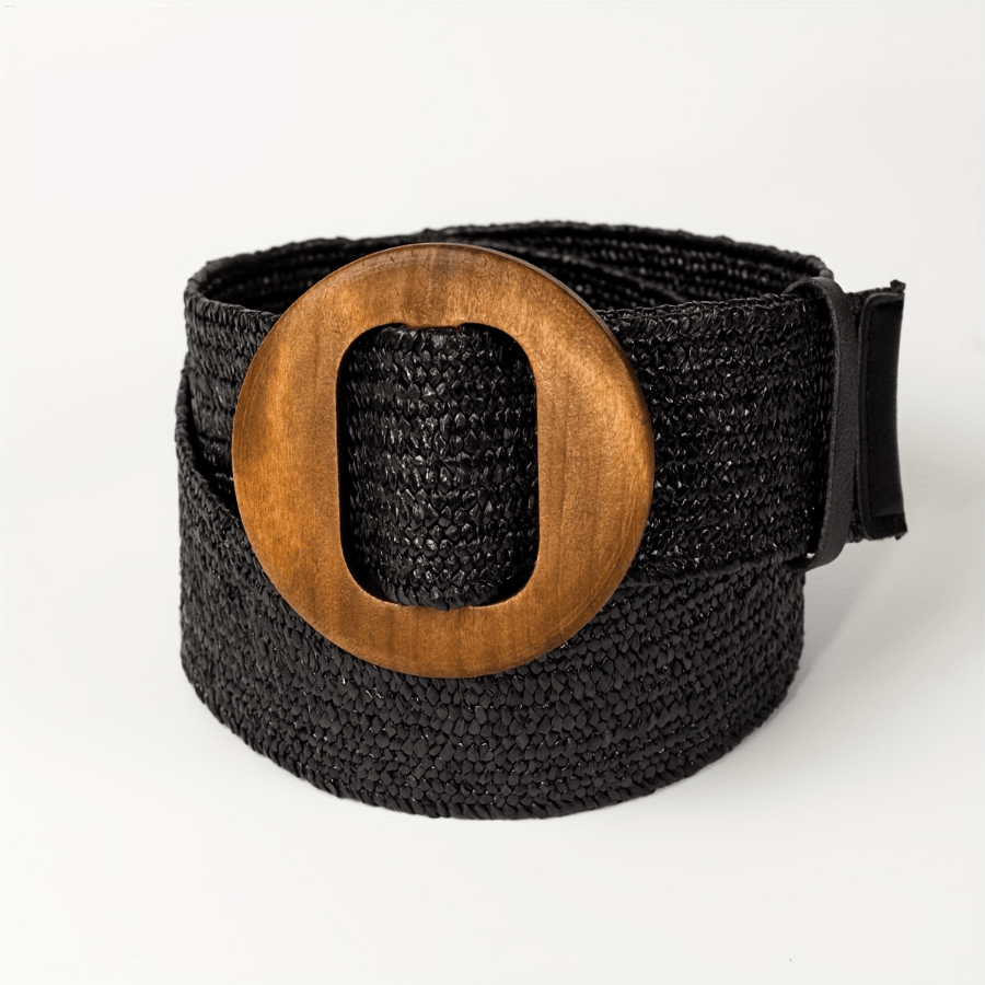 PP Grass Belt With Wooden Buckle Round Buckle Elastic Non-Piercing Wide Waistband Bohemian Linen Girdle