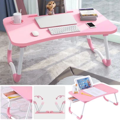 Portable Laptop Bed Table With Drawer And Cup Holder & Tablet Slot, Foldable Laptop Table Folding Tray Lap Standing Desk For Reading, Writing, Eating, Gaming, Working On Bed/Couch/Sofa/Floor