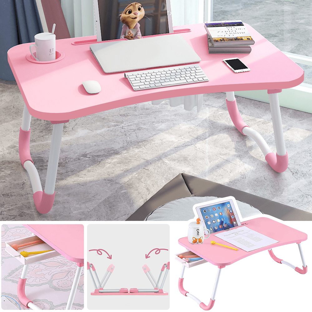 Portable Laptop Bed Table With Drawer And Cup Holder & Tablet Slot, Foldable Laptop Table Folding Tray Lap Standing Desk For Reading, Writing, Eating, Gaming, Working On Bed/Couch/Sofa/Floor