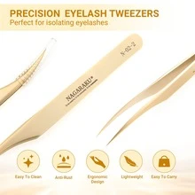 1 pezzo NAGARAKU Pinzette per estensioni ciglie in fibra di precisione N-02-2 con impugnatura in diamante, sottili, antistatiche e antiscivolo, in acciaio inossidabile premium a punta, per separare delicatamente le ciglie, a forma curva - Dorato - Visualizzare 4