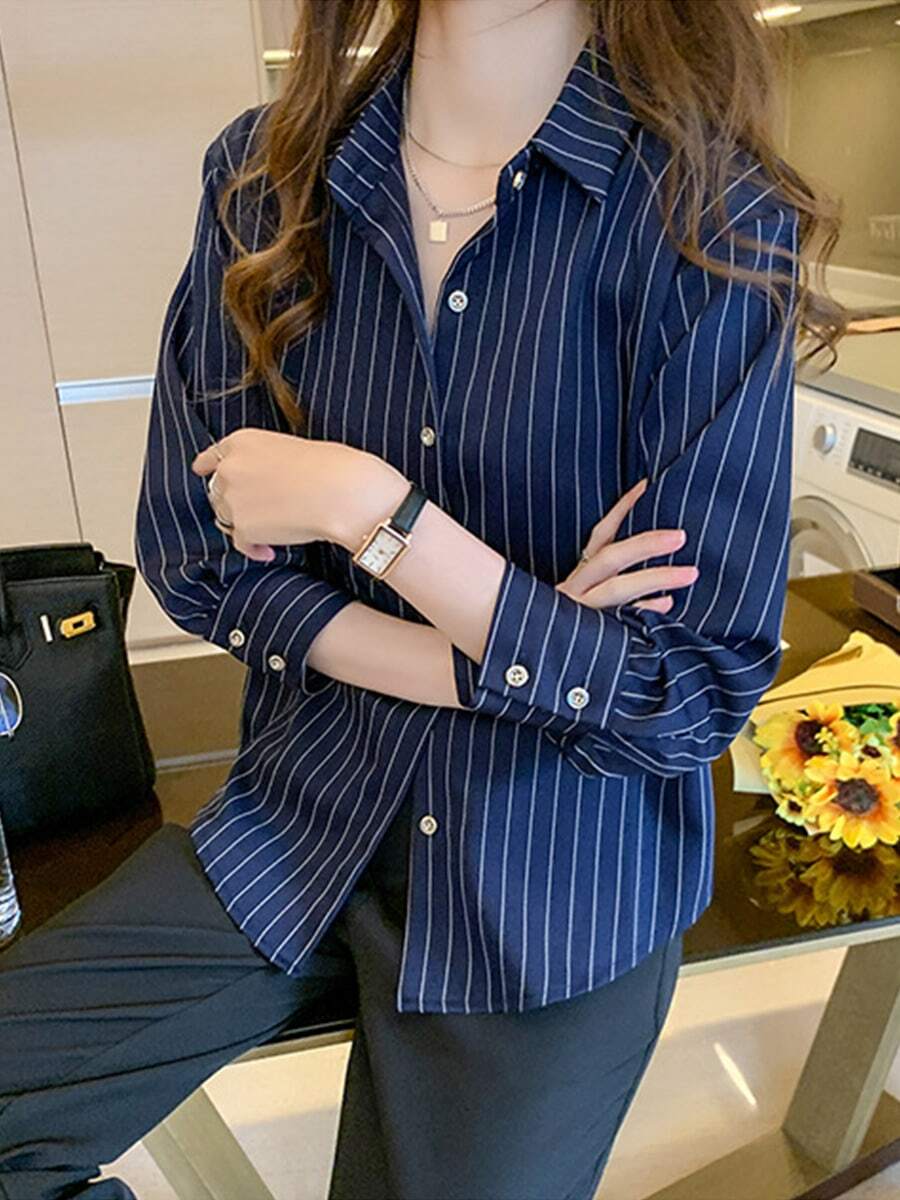 blusa holgada de manga larga a rayas, diseño elegante para la oficina y el transporte, favorecedora y versátil - Azul Marino - Ver 1