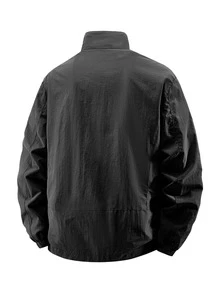 Men's Classic Regular Jacket - Breathable Polyester Fiber, Zipper, Long Sleeves, With Side Pockets, Suitable For Casual Street Wear, Spring, Summer, Autumn, Winter - Black - View 2