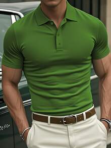 GRDR Men's Casual Solid Color Short Sleeve POLO Shirt, Summer - Olive Green - View 2