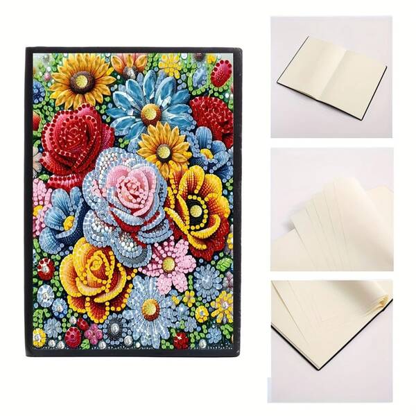 Blumen Diamant Malerei Notizbuch Set, 5D DIY Diamant Stickerei dicker Skizzenblock & Notizbuch, Kunsthandwerk mit Kunstleder, geeignet für Studenten, Zuhause, Geschäftsnotizen und Urlaubsgeschenke