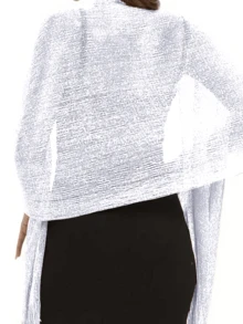 1 件白色闪亮金属披肩，优雅薄透气流苏围巾，女士派对宴会礼服外披肩 - 白色 - 查看 3