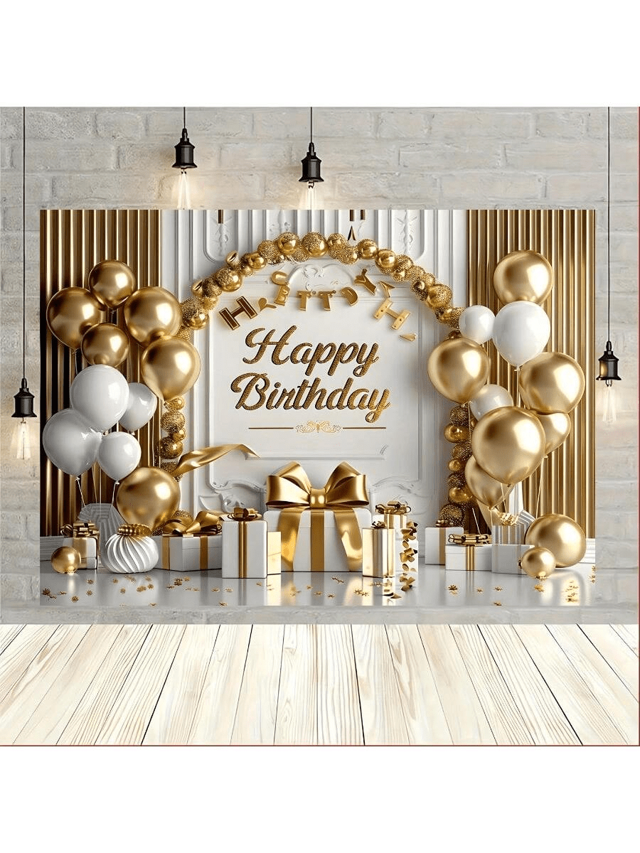 Multifunctionele Happy Birthday-banner, gecombineerd met gouden en witte ballonnen en grote strikken - perfect voor prinsessenfeesten, vrijgezellenfeesten en fotoachtergronden, achtergronden en fotografiedecoraties