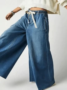Women's Casual Versatile High Waist Wide Leg Loose Fit Denim Jeans - 藍色 - 查看 3