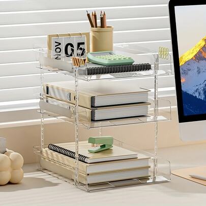 LINKOOL 2/3/4 层亚克力桌面整理器，带可拆卸隔板 - 透明轻质嵌入式或独立式文件存储，适用于办公室、家庭、A4 纸、信件和笔记本、多层搁板、透明材料学校用品、返校
