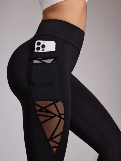 1pc Plus Size Women Lifting Pocket Yoga Pants, Geometric Jacquard Mesh Patchwork Design, Suitable For Running, Cycling, Yoga, Sports & Leisure Black Summer