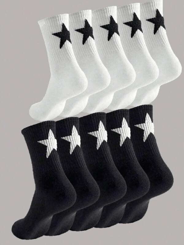 10 Pairs Of Personalized Pentagram Patterned Calf Socks With Reinforced Heels For Comfort, Breathability, And Moisture Wicking, Fall