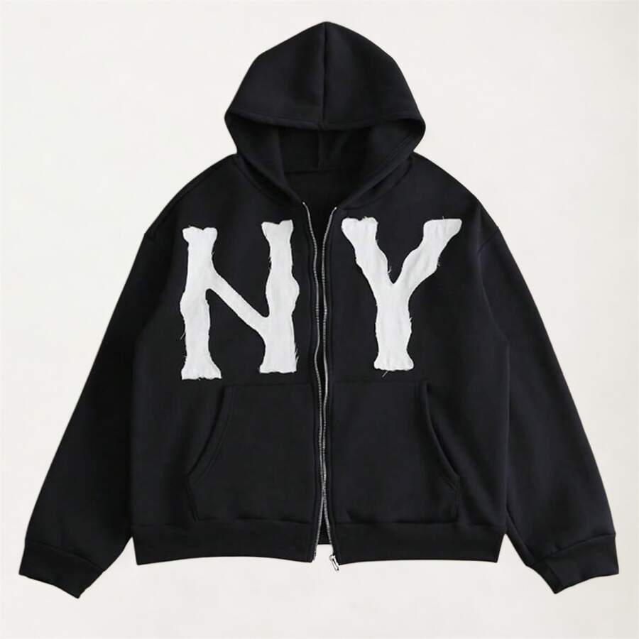 2025 Spring New Style  Letter Zipper Hoodie, Digital Printing Coat  Letter  Colorblock  Figure    Casual  Cute    Pocket  Zipper  Drawstring    Home - 黑色 - 查看 1