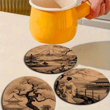 6pcs Japanese Cherry Blossom & Samurai Wooden Coaster Set - Traditional Torii Gate, Pagoda, And Dragon Designs, Ideal For Coffee Mugs, Glassware - Perfect Holiday Gift