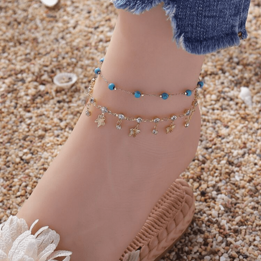 2pcs Bohemian Style Turquoise Stone & Rhinestone Butterfly Pendant Anklet, Popular Cross-Border Beach Foot Jewelry