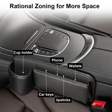 2 件可调节皮革汽车座椅侧缝填充储物盒带杯架，多功能汽车内饰储物盒，可放置手机、钥匙、太阳镜、卡片，黑色 - 黑色 - 查看 5