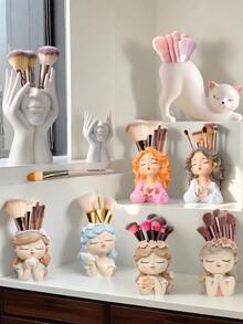 创意桌面可爱化妆刷收纳架花盆花瓶艺术化妆刷浴室收纳架客厅卧室现代家居装饰中心摆件母亲节礼物毕业礼物结婚摆件 - 彩色 - 查看 2