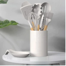 Kitchen Set Kit With 12 Silicone Pieces, Utensils And Cup Holder For Kitchen With Wooden Handle - White - View 2