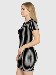 Women's Striped V-Neck Polo Neck Midi Dress - 黑與白 - 查看 2