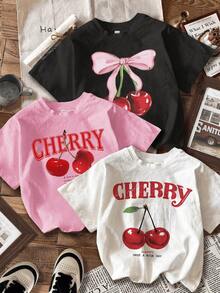 Conjunto de 3 piezas de camisetas con gráficos de cerezas, lindas blusas con lazo, perfectas para usar en verano, adecuadas para fitness o tiempo libre. - Blanco - Ver 1
