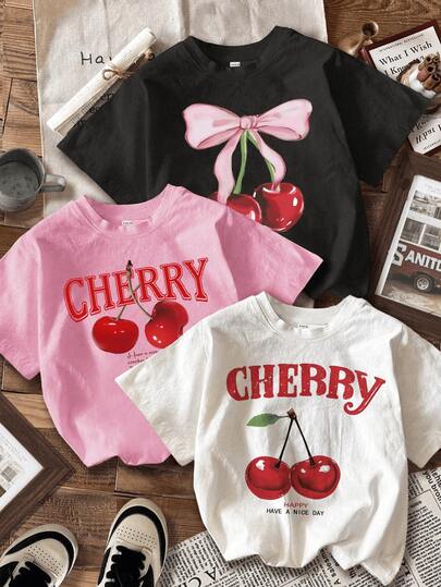 Conjunto de 3 piezas de camisetas con gráficos de cerezas, lindas blusas con lazo, perfectas para usar en verano, adecuadas para fitness o tiempo libre.