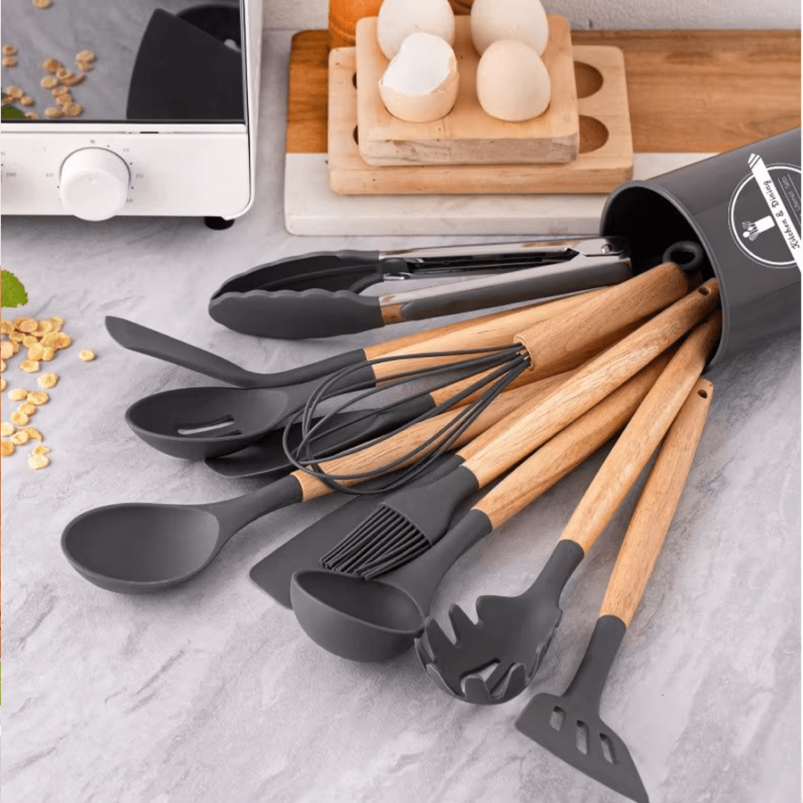 1 set de 12 pièces d'ustensiles de cuisine en silicone avec manches en bois, spatules et louches antiadhésives. Set d'ustensiles de cuisine avec support