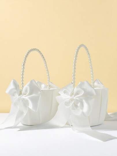 1pc/2pcs Wedding Flower Girl Basket With Cute Pearl Handle Bowknot Satin Flower Baskets For Wedding Ceremony