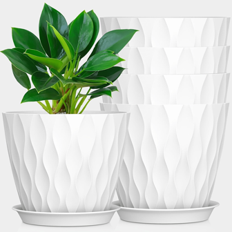 Set de 5 macetas de plástico ondulado con agujeros de drenaje, ideales para plantas de serpiente, violetas y jardinería doméstica, para uso interior y exterior, diseño de pie, macetas de jardín | Diseño de maceta texturizada | Macetas de plástico duradero