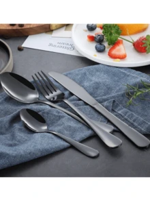 4/16/24pcs Stainless Steel Cutlery Set, High-Quality Minimalist Durable Black Tableware Set, Knife Fork Spoon Set, Suitable For Western Dining, Home Banquet, Elegant & Practical - Black - View 5